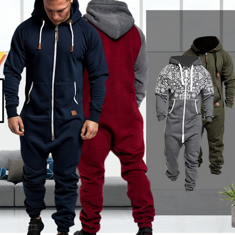 Pure Color Splicing Men's Jumpsuit Men's Overalls Hoodies Zipper One Piece Playsuit Male Jumpsuits Streetwear Macacao Masculino - steptev