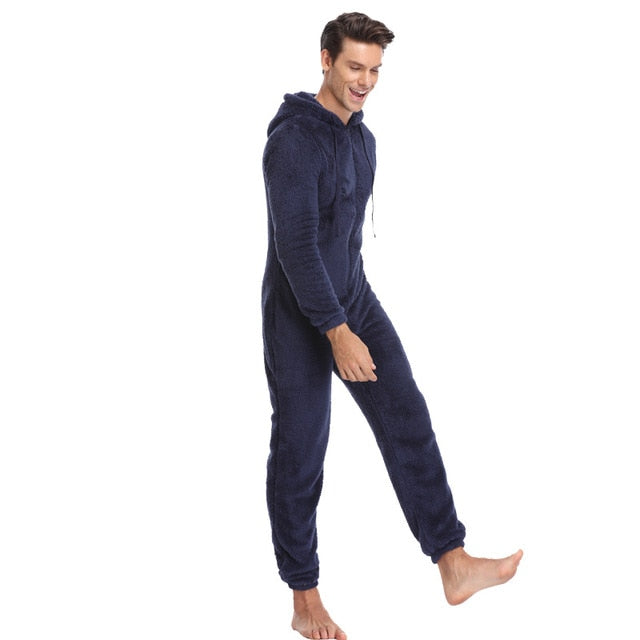 Men Warm Teddy Fleece Onesie Fluffy Sleep Lounge Adult Sleepwear One Piece Pyjamas Male Jumpsuits Hooded Onesies For Adult Men - steptev