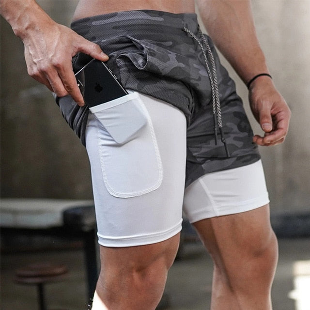 Double layer Jogger Shorts Men 2 in 1 Short Pants Gyms Fitness Built-in pocket Bermuda Quick Dry Beach Shorts Male Sweatpants - steptev
