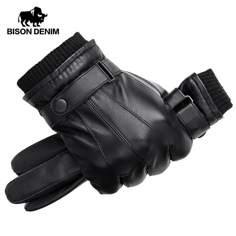BISON DENIM Men Genuine Sheepskin Leather Gloves Autumn Winter Warm Touch Screen Full Finger Black Gloves High Quality S019 - steptev