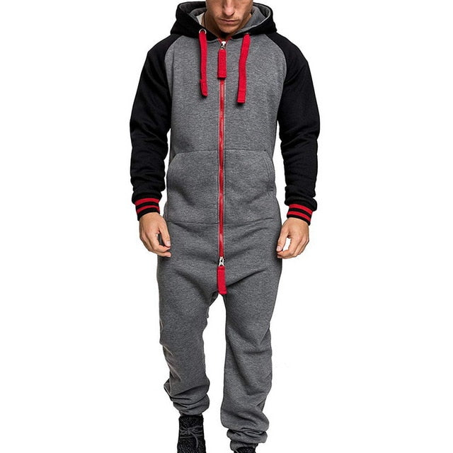 2020 Mens One-piece Garment Pajama Men Solid Splicing Jumpsuit Playsuit Zipper Hoodie Male Patchwork  Jumpsuits Overalls Hombre - steptev