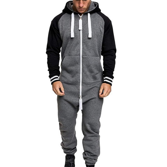 2020 Mens One-piece Garment Pajama Men Solid Splicing Jumpsuit Playsuit Zipper Hoodie Male Patchwork  Jumpsuits Overalls Hombre - steptev