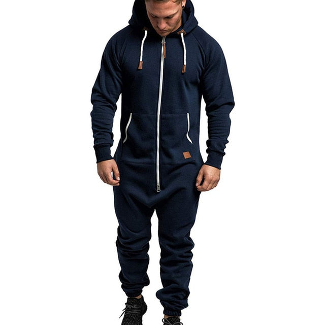 2020 Mens One-piece Garment Pajama Men Solid Splicing Jumpsuit Playsuit Zipper Hoodie Male Patchwork  Jumpsuits Overalls Hombre - steptev
