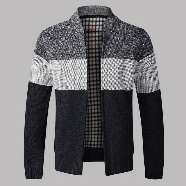 Winter Men's Fleece Sweater Coat Thick Patchwork Wool Cardigan Muscle Fit Knitted Jackets Fashionable Male Clothing For Autumn - steptev