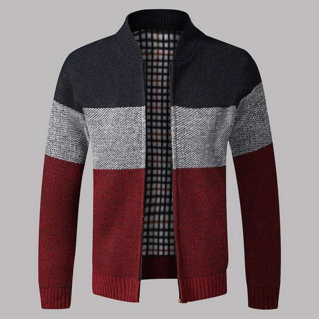 Winter Men's Fleece Sweater Coat Thick Patchwork Wool Cardigan Muscle Fit Knitted Jackets Fashionable Male Clothing For Autumn - steptev