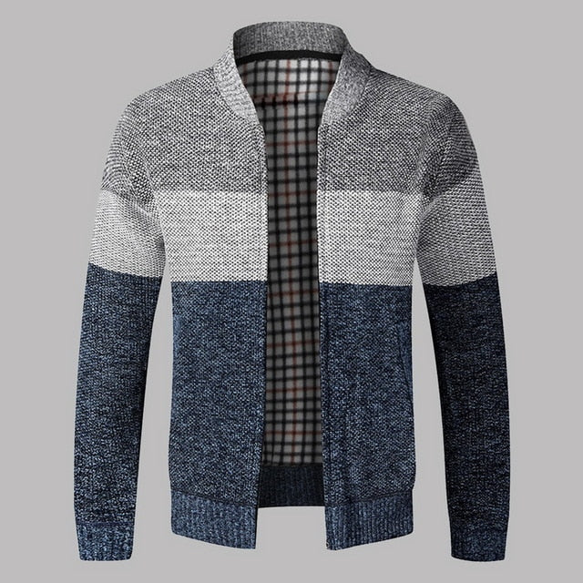 Winter Men's Fleece Sweater Coat Thick Patchwork Wool Cardigan Muscle Fit Knitted Jackets Fashionable Male Clothing For Autumn - steptev