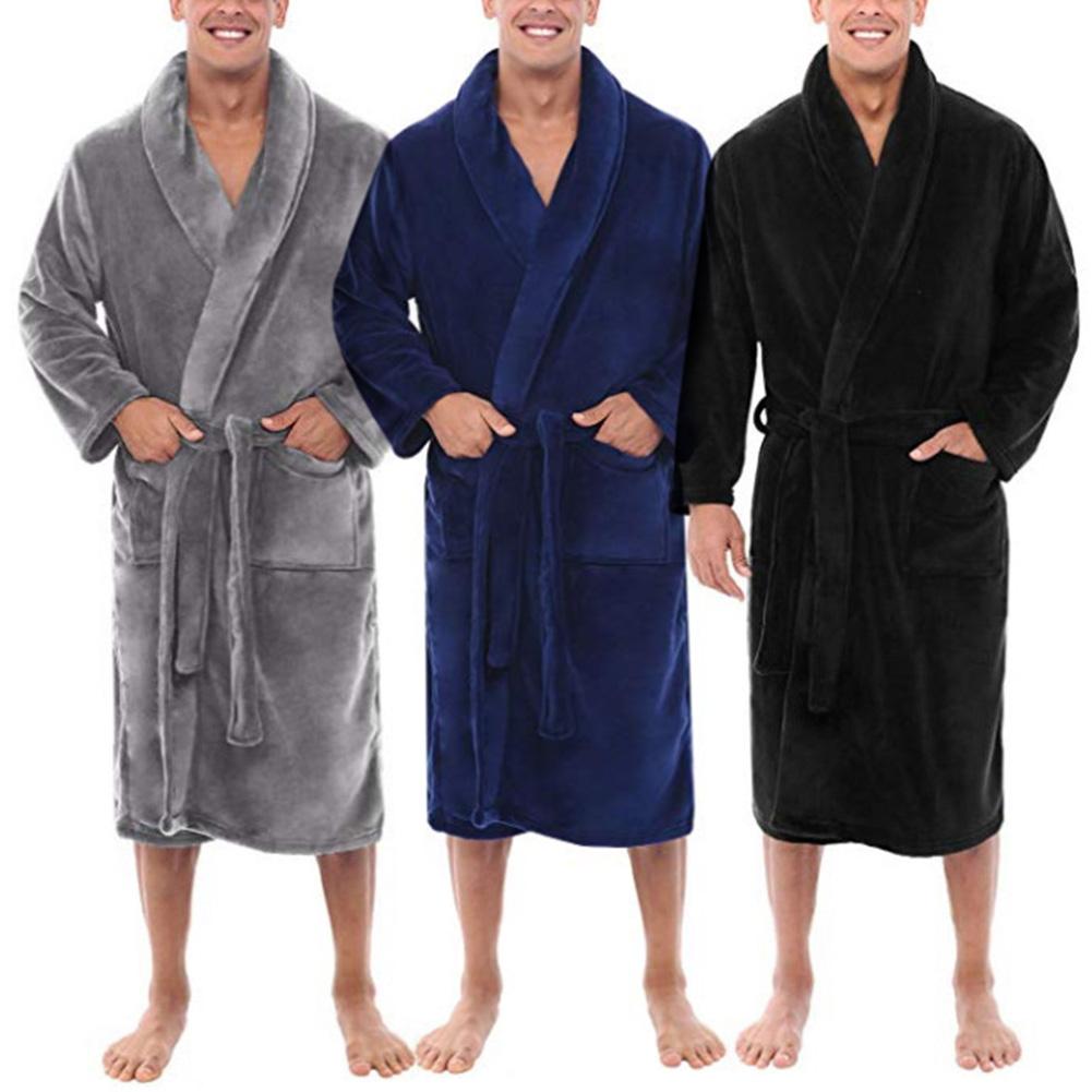 Men Shawl Collar Coral Fleece Solid Color Long Bath Robe Home Gown Sleepwear soft coral fleece bath robe men casual sleepwear - steptev