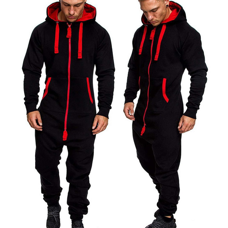 2020 Pure Color Splicing Jumpsuit Men One-piece Men's Jumpsuit Pajama Zipper Hoodie Male Onesies Jumpsuits Overalls For Men - steptev