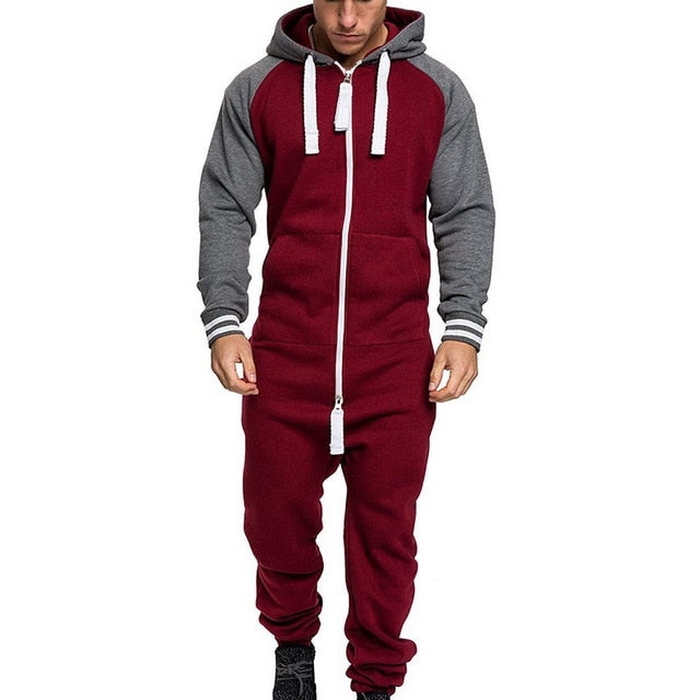 2020 Pure Color Splicing Jumpsuit Men One-piece Men's Jumpsuit Pajama Zipper Hoodie Male Onesies Jumpsuits Overalls For Men - steptev