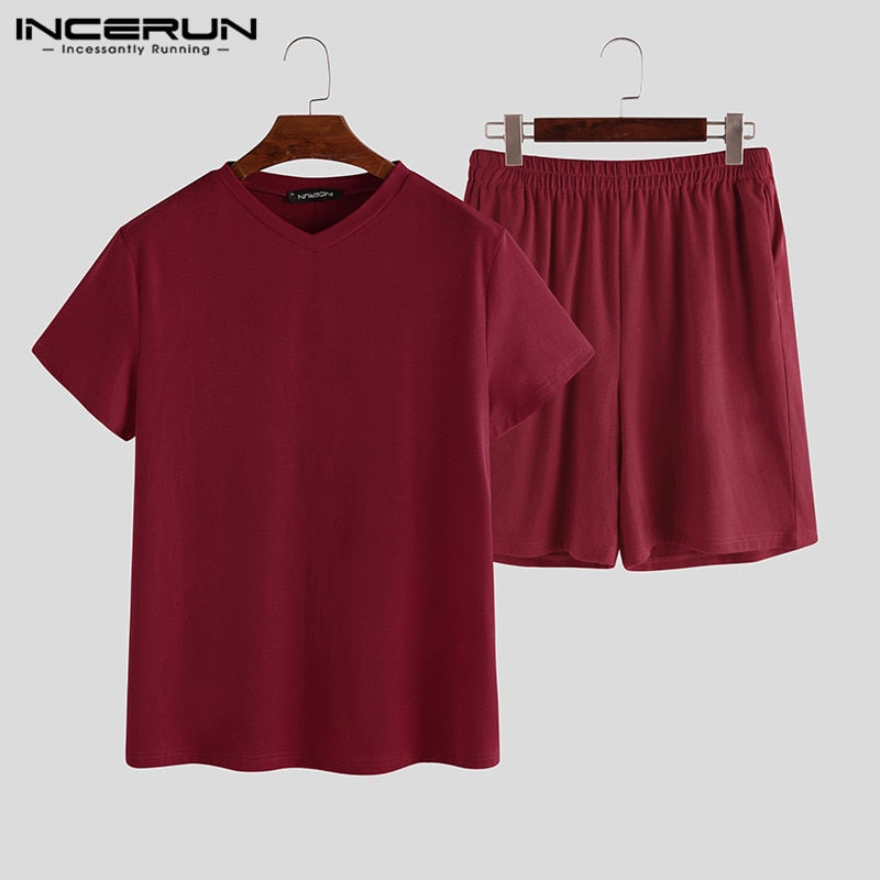 Men's Pajamas Sets Homewear Breathable Short Sleeve V Neck Nightgown Tops & Shorts Solid Color Men Sleepwear Sets S-5XL INCERUN - steptev